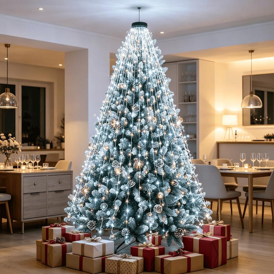 2m Christmas Tree Waterfall Lights, 200/400-LED White Fairy String Lights, USB Powered 8 Modes Curtain Lights, Indoor Christmas Tree Holiday Lighting, Holiday Home Party Decoration