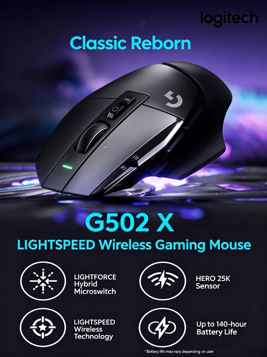 Logitech G502 X LIGHTSPEED Wireless Gaming Mouse, New Optical-Mechanical Hybrid Switches, HERO 25K Sensor, 140-Hour Battery Life, Gaming Mouse - View 1