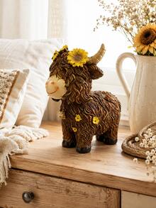 1pc Cute Highland Cow Resin Figurine With Sunflower, Rustic Farmhouse Style Cow Statue, Cottagecore Desktop Decor, Suitable For Living Room, Bookshelf, Mantel, Entryway, Gift For Cow Lovers - New Product - View 9