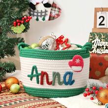 1pc Personalized Customized Christmas Basket Round Rope Storage Basket Holiday Gift Basket Holiday Storage Organizer Basket Knitted Rope Storage Bin - Multicolor - View 42