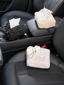 1pc Car Tissue Box Holder, Cute Bow Plaid Hanging Tissue Dispenser, Polyester Car Tissue Dispenser, Suitable For Seat Back, Sun Visor, Center Console, Universal Car Interior Accessory, Women's Style, Car Travel Essential - A - View 8
