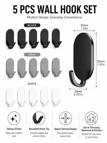 1pc/5pcs Heavy Duty Strong Adhesive Hooks, No Drilling Wall Hooks, Suitable For Kitchen, Bathroom, Bedroom, Door Storage, Non-Damaging, Damage Free, Strong Adhesion, Home Storage Hooks - View 3