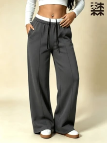 mulinsen Women's Wide Leg Sweatpants, Contrast Color Double Waistband Drawstring Stitching Detail, Loose Casual Sport Pants, Suitable For Daily Fitness And Streetwear - Dark Grey - View 1