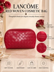 Lancôme Red Woven Makeup Bag, 22.7*6.5*15.5cm, Woven Texture, Spacious Capacity, Smooth Zipper, Easy To Carry, Stain-Resistant, Suitable For Daily Use - Red - View 6