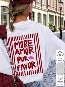 Women's "MORE AMOR POR FAVOR" Red Striped Print Sweatshirt, Casual Long Sleeve Pullover, Romantic Valentine's Day Style - White - View 1