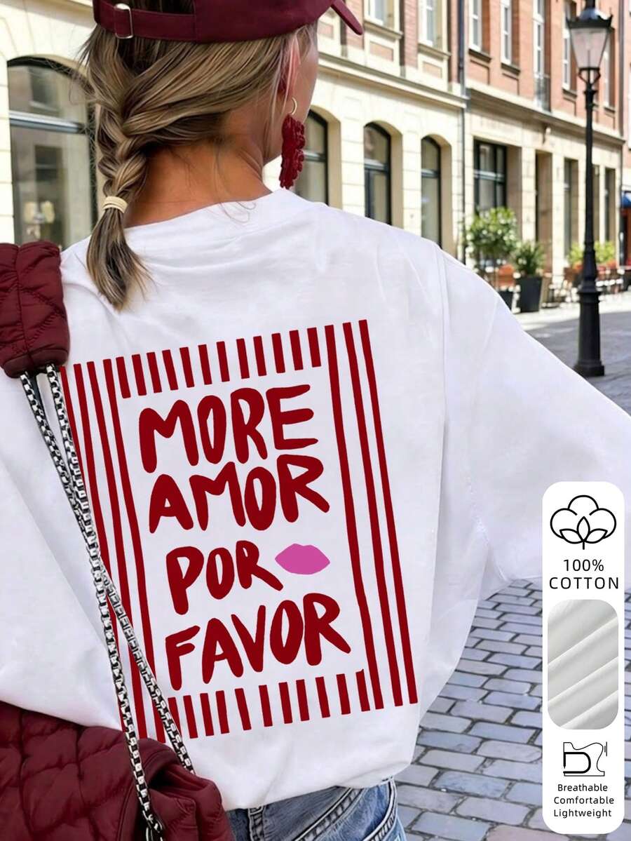 Women's "MORE AMOR POR FAVOR" Red Striped Print Sweatshirt, Casual Long Sleeve Pullover, Romantic Valentine's Day Style - White - View 1