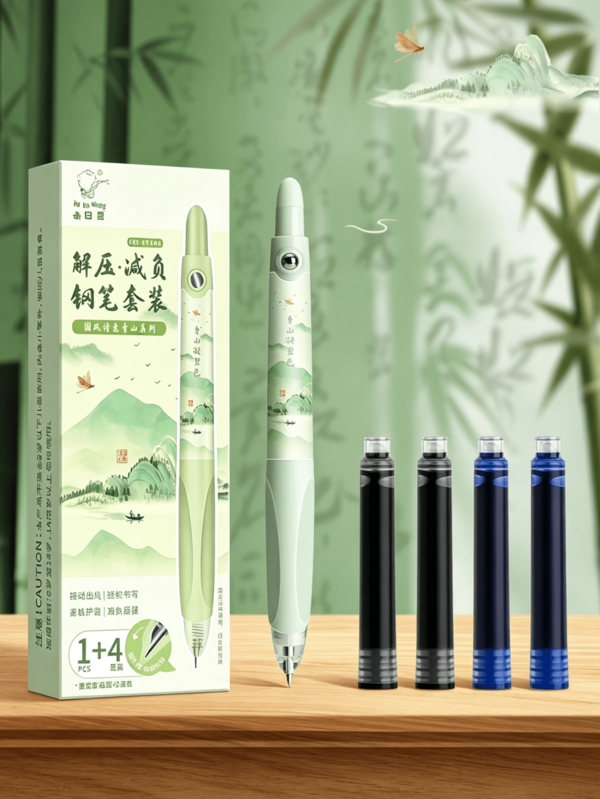 1 Box Retractable Pen Set With Stress Relief Massage Steel Ball, Featuring Chinese Landscape Painting "Green Mountains" Design, Fine Tip Smooth Writing, Includes 4 Black And Blue Ink Cartridges, Student Stationery Supplies, Ideal Gift For Saudi National Day And National Day School Celebrations