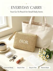DIOR Straw Woven Makeup Bag, Premium Beige Woven Clutch, Luxury Embroidered Letter Zipper Storage Bag - Woven Makeup Bag - View 4