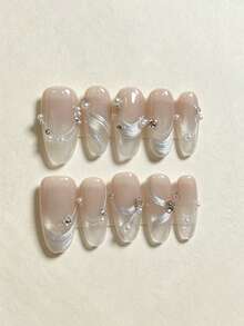 10pcs Handmade Press-On Nails, Nude Almond Shaped Fake Nails, Cat Eye Silver Ribbon Pearl Rhinestone Decorated Nail Tips, Glossy Reusable Artificial Nails, Suitable For Women Elegant Romantic Style Wedding Date Daily Nail Decor - Multicolor - View 1