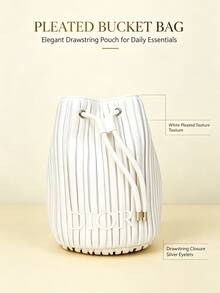 Dior Cream White Vertical Stripe Drawstring Makeup Bag, 3D Embossed Letter Logo Mini Bucket Storage Bag, Portable Travel Cosmetic Jewelry Organizer - White Bucket Bag - View 6