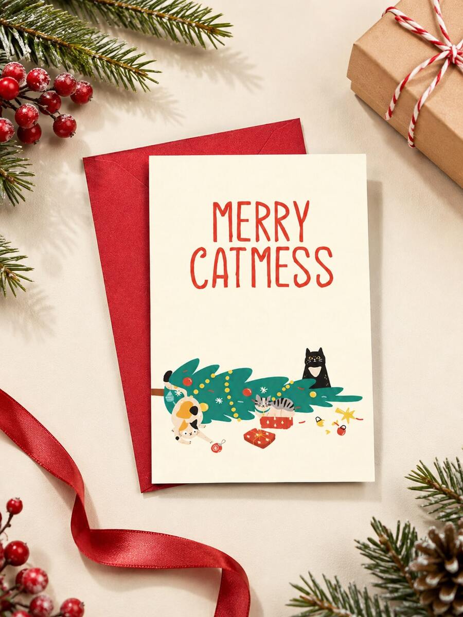 1PC Happy Cat Christmas Greeting Card, Suitable For Party Invitations, Gift Decoration Cards, A Christmas Gift For Friends - Single Piece - View 1