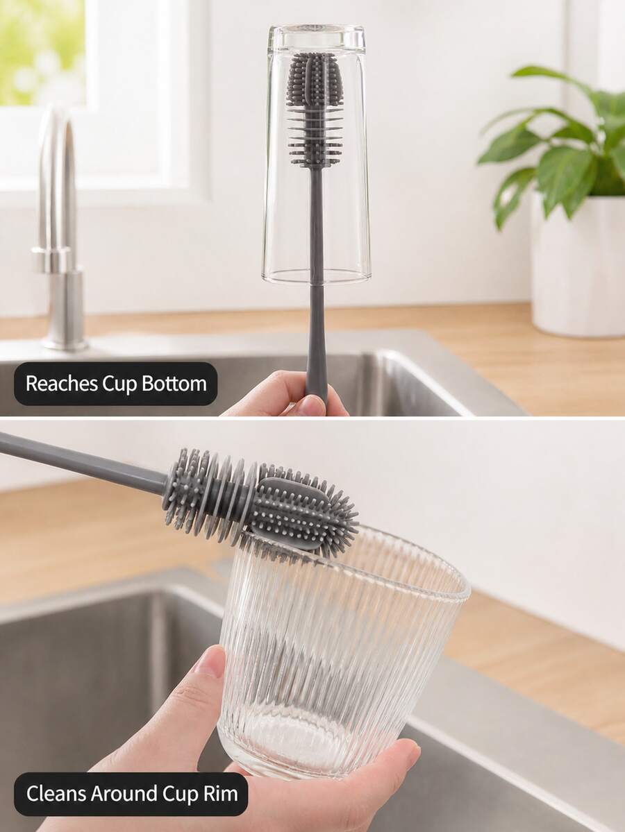 1pc/2pcs Long Handle Silicone Cleaning Brush, Reusable Deep Cleaning Bottle & Cup Brush, No Electricity Required Coffee Cup & Water Bottle Cleaning Brush, Suitable For Kitchen, Bathroom, Home Use