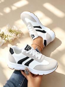 Sodalemon Women Stripe Color‑Block Retro Jogger Sneakers, Patchwork Low‑Top Lace‑Up Lightweight Casual Trainers - Black - View 1