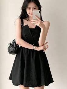 Women's Solid Color Korean Style Back Bowknot Ruched Hem Cami Dress - Black - View 3