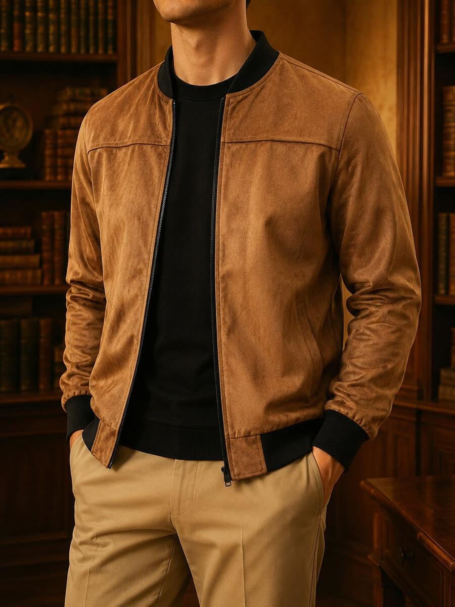 Men's Spring/Autumn Suede Aviator Jacket, Full Zip Casual Outerwear, Soft And Lightweight, Machine Washable, Multiple Colors, Daily Street Fashion Men's Gift - Khaki - View 1