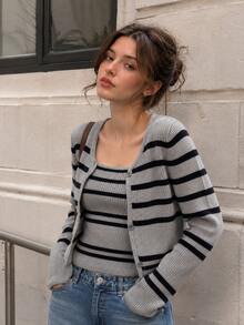 Women's Knit Striped Patchwork Collar Casual Vest 2 Pieces Set, Autumn/Winter Elegant - Grey - View 3