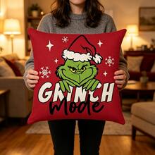 The Grinch 1pc Christmas Pillow Case 45x45cm Red Green Monster Christmas Hat Pattern Hidden Zipper Holiday Decor Sofa Cushion Cover - Christmas Style - View 2