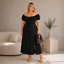 Vestido Midi Liso Plus Size com Elastex nas Costas - Preto Liso - Visão 3