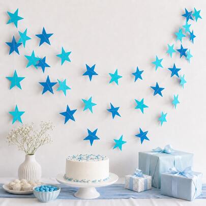 Dây treo banner 4m 33 ngôi sao màu xanh, ngôi sao 5 cánh bóng màu xanh hồ và xanh lơ, trang trí treo phù hợp cho tiệc chào đón bé trai, sinh nhật 1 tuổi, tiệc tiết lộ giới tính, tiệc chủ đề bầu trời sao, trang trí phông nền chụp ảnh trần và tường