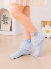1 Pair Girls Lace Trim Socks, Multi-Color Baby Princess Socks - Baby Blue - View 3
