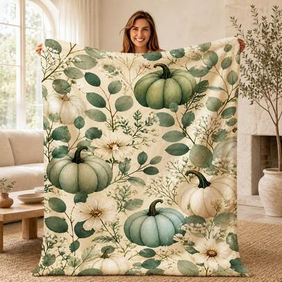 Manta de sofá botánica de otoño con calabaza, suave, color crema y verde salvia, con eucalipto y flores, manta de felpa acogedora para cama y sofá, ropa de cama decorativa, regalo para sala de estar y decoración del hogar