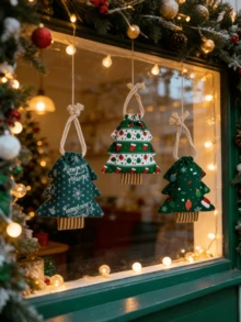 9pcs Cute Christmas‑Tree‑Printed Drawstring Pouch, Dual‑Purpose Storage & Decor. Festive Hanging Ornament For Windows & Parties. Stores Candies, Small Gifts And Mini Decor. Hang On Trees, Walls Or Parties To Build Warm Christmas Vibes. - Multicolor - View 3