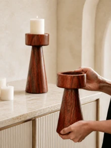 1pc/2pcs Red-Brown Wood Grain Pillar Candle Holder, Modern Wabi-Sabi Style Conical High-Low Candle Stand, Suitable For Dining Table Centerpiece, Living Room, Entryway, Console Table, Wedding Decor And Housewarming Gift, Candles Not Included - Mahogany Pillar Candle Holder - View 5