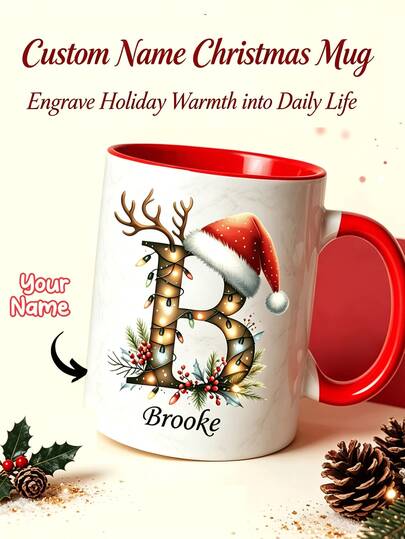 Tazas de Navidad Personalizadas con Alfabeto, Tazas de Café con Nombre & Monograma Personalizados, Opciones de 26 Letras. Disponibles en Tamaños de 11oz y 15oz. Un Regalo de Navidad Único para Familia, Amigos y Colegas. Excelente para Uso Diario y Regalos de Vacaciones.