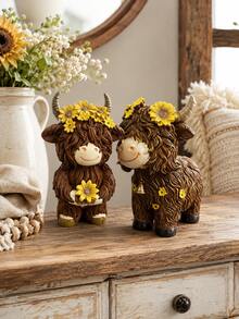 1pc Cute Highland Cow Resin Figurine With Sunflower, Rustic Farmhouse Style Cow Statue, Cottagecore Desktop Decor, Suitable For Living Room, Bookshelf, Mantel, Entryway, Gift For Cow Lovers - New Product - View 3