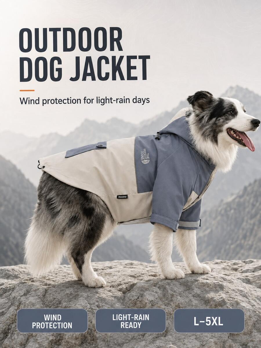 1 buah Jaket Anjing Outdoor Berkerudung dengan Blok Warna, Jaket Hewan Peliharaan Tahan Angin dan Hujan Ringan dengan Ring D & Saku, Manset yang Dapat Diatur untuk Anjing Kecil, Sedang, dan Besar - Dusty Blue - View 1