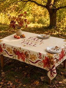 1pc Autumn Tablecloth, Fall Sweet Fall Vintage Maple Leaf Acorn Berry Bow Print Dining Table Cover, Rustic Farmhouse Style Thanksgiving Harvest Season Decor, Suitable For Kitchen Dining Room, Family Gathering, Patio And Autumn Party Setup - E - View 2
