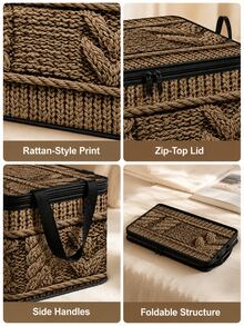 2D Flat Woven Texture Print Foldable Storage Box With Lid And Sturdy Zipper, Large Capacity Household Storage Basket, Suitable For Moving, Seasonal Clothing Change, Living Room And Garage Shelf Storage - Multicolor - View 8
