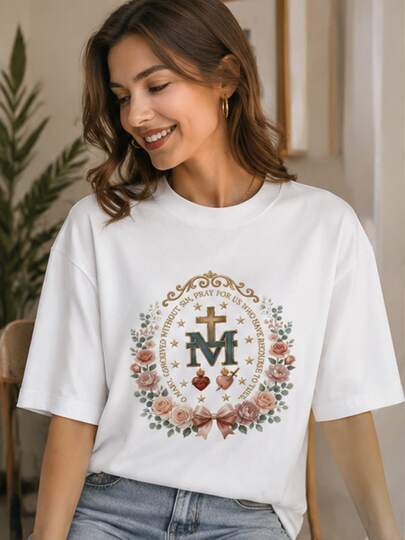 T-shirt à col rond lavable en machine pour femmes, imprimé religieux : chapelet et couronne de la Vierge Marie, confortable pour un usage quotidien décontracté, livraison rapide depuis un entrepô