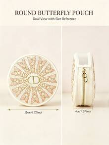 Dior Off-White Mesh Butterfly Embroidered Round Makeup Bag, Luxury Embroidered Storage Pouch - Off-white Butterfly Embroidered Bag - View 3