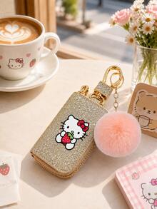 SANRIO 1Pc Hello Kitty Glitter Key Pouch, Zip Car Key Holder Case With Keychain Clip, Portable Key Organizer For Women - Multicolor - View 3