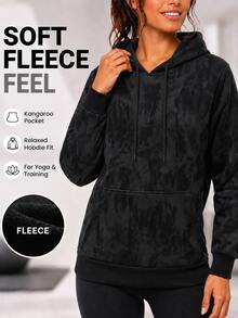 Women's Black Fleece Sweatshirt With Kangaroo Pocket, Relaxed Fit Textured Pullover Sweatshirt For Everyday Casual Wear. - Black - View 4