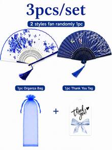 Blue Floral Bamboo Folding Hand Fan Set With Organza Gift Bag, Tassel And Thank You Tag, Wedding Guest Hand Fan, Wedding Guest Favor, Bridal Shower Gift, Bridesmaid Gift, Bride-To-Be Gift, Wedding Party And Autumn Wedding Decor - Blue and White - View 10