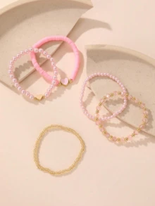 5pcs/Set Pink Style Pearl Shell Beaded Heart Charm Bracelets Set, Suitable For Little Girls/Tweens Daily Jewelry Decoration - Pink - View 4