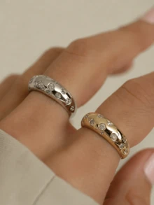 1件女款粗款圓頂戒指，鑲嵌散佈立方鋯石，拋光戒圈誇張戒指，極簡金/銀色，適合日常、派對、約會與送禮 - 彩色 - 查看 3