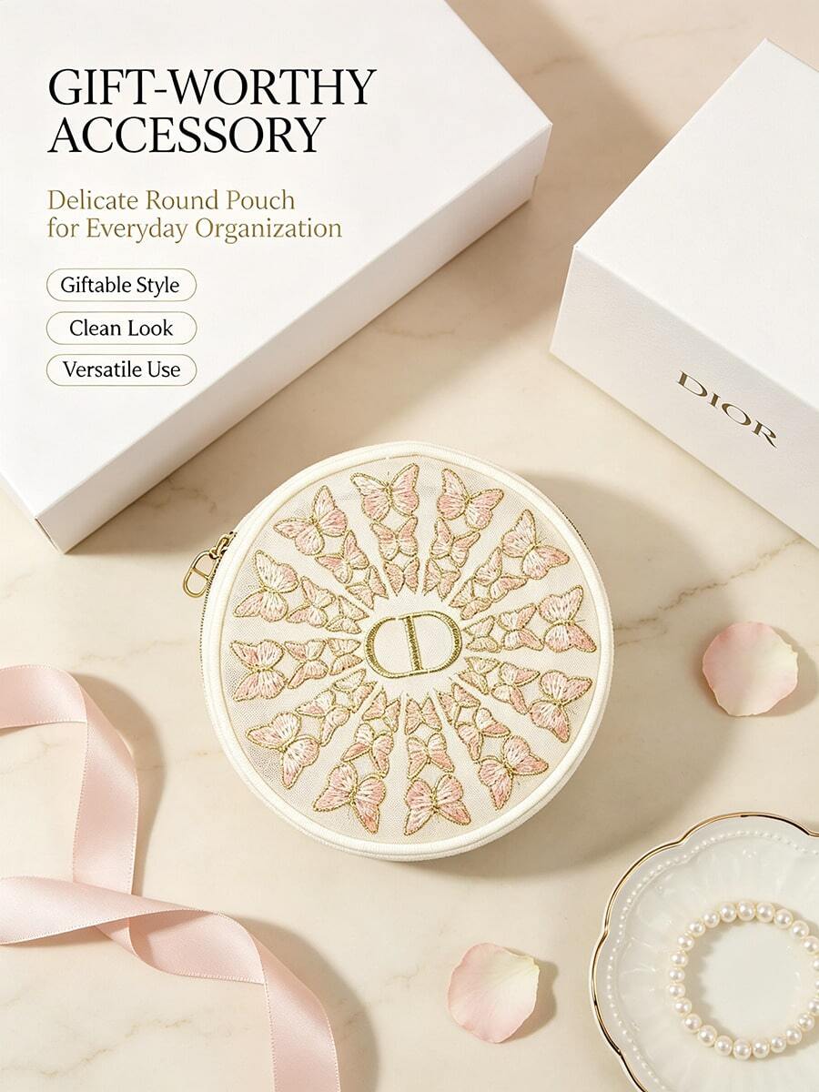 Dior Off-White Mesh Butterfly Embroidered Round Makeup Bag, Luxury Embroidered Storage Pouch - Off-white Butterfly Embroidered Bag - View 1