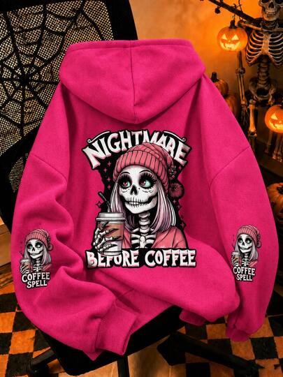 Women's Bright Pink "Coffee Night" Skull Print Sweatshirt, Regular Length Sweatshirt, Cute Gothic Style Sweatshirt Print Pattern Sweatshirt, Plus Size Women's Casual Autumn/Winter Long Sleeve Pocket Sweatshirt, Suitable For Winter Holiday Outfits, Beach Outfits, Vacation Outfits, Autumn Outfits, Halloween Outfits, Christmas Outfits, New Year Outfits. Suitable For Daily Wear, Going Out Tops, Outings, Festivals, Beach, Parties, Birthdays, Beach, Gatherings, School, Music Festivals, Vacations.