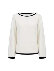 Women's Fall Winter White Knit Top Boat Neck Long Sleeve Drop Shoulder Semi-Sheer Sweater For Daily Wear - White - View 6