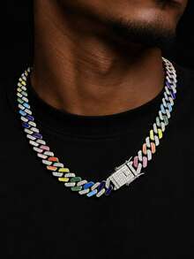 Rainbow Oil Drop Rhinestone Cuban Necklace, Colorful Enamel Chunky Chain Choker, Hip Hop Street Style Accessory, Versatile Personalized Jewelry For Music Festivals And Parties, Unisex - Colorful Chain - View 3