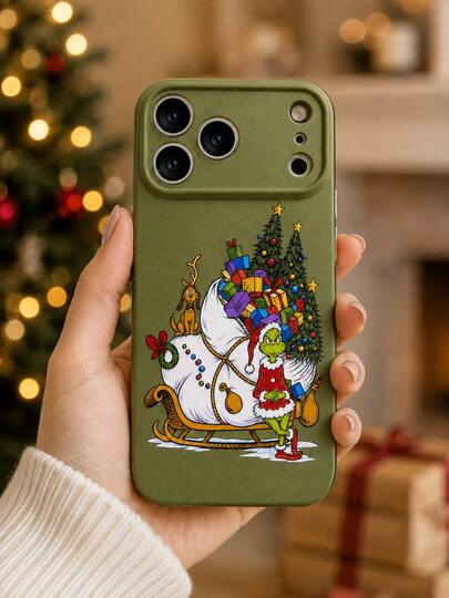 The Grinch The Grinch Funda para teléfono Apple, ilustración de dibujos animados vintage de Navidad con diseño gráfico mate, diseño de trineo de Papá Noel, árbol de regalos, funda protectora delgada a prueba de golpes compatible con la serie Apple Phone 11/12/13/14/15/16 Pro Max, regalo festivo para mujeres y hombres