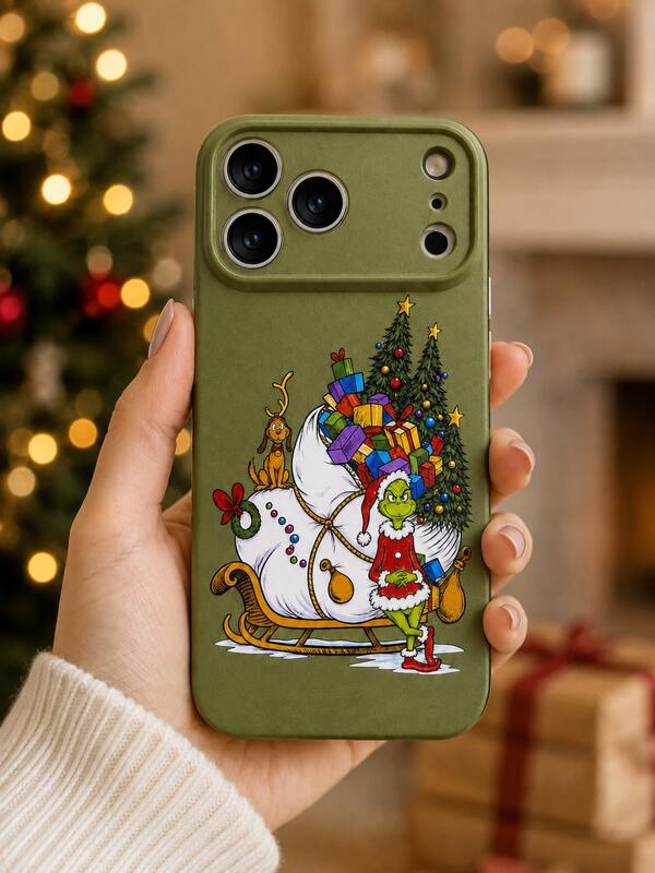 The Grinch The Grinch Apple Phone Case, Vintage Christmas Cartoon Illustration Graphic Matte Protective Cover, Santa Sleigh Gift Tree Design Slim Shockproof Mobile Phone Case Compatible With Apple Phone 11/12/13/14/15/16 Pro Max Series, Holiday Gift For Women Men