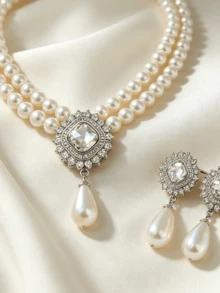 3pcs Vintage Silver Double Layer Pearl Necklace & Earrings Set, Elegant Pendant Jewelry, Suitable For Women's Daily, Wedding, Party Gift - Pearl Pendant Set - View 5