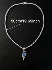 1pc Men's Iced‑Out Lightning Pendant Alloy Necklace, Two‑Tone Spliced Choker, Cool Rapper‑Style Unisex Unique Jewelry Gift - Blue - View 2