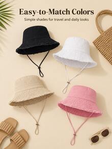 Women's Drawstring Bucket Hat With Adjustable Chin Strap, Soft Material, Windproof & Fashionable, Suitable For Travel, Beach, Vacation And Daily Casual Wear, Perfect Birthday Or Christmas Gift For Girlfriend - Multicolor - View 4