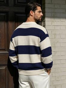 Sweater Patchwork Bergaris Klasik Unisex, Atasan Rajut Longgar Kasual Nyaman Bergaya Retro dengan Leher Bulat, Cocok untuk Musim Gugur dan Musim Dingin - Aprikot - View 2