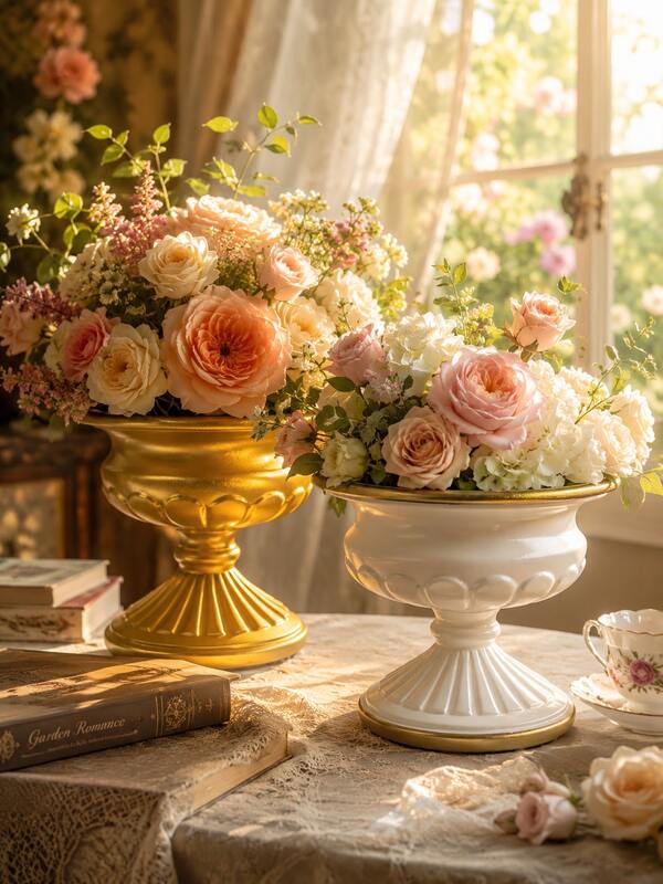 1pc Vintage Pedestal Flower Vase, Elegant Gold & White Decorative Urn Planter For Artificial Flowers, Luxury Home Decor Centerpiece For Living Room, Wedding Table, Entryway, Mantel, Party Decor, Holiday Decoration, Housewarming Gift